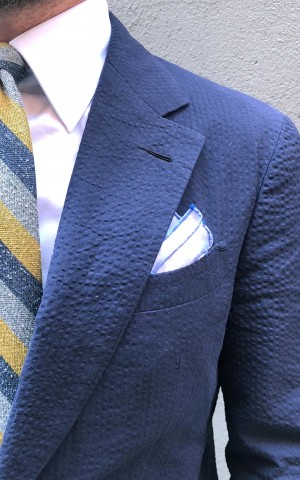 Dark Blue Solid Cotton Seersucker Bespoke Suit