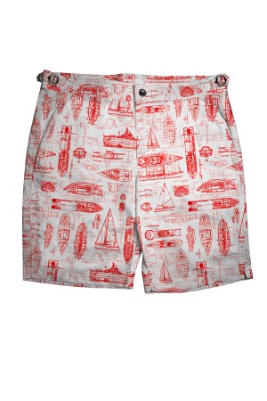 White Swim Shorts with Red Boats