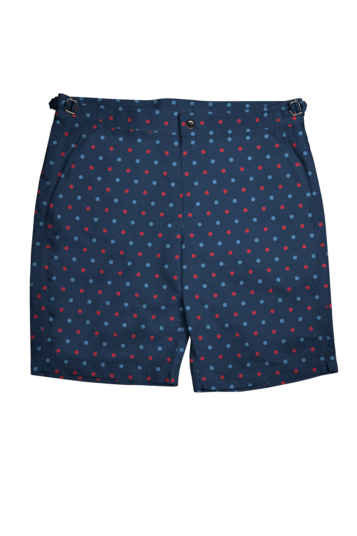 Blue/Red Polka Dots on Navy Swim Shorts