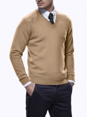 Camel Cashmere V-Neck Sweater
