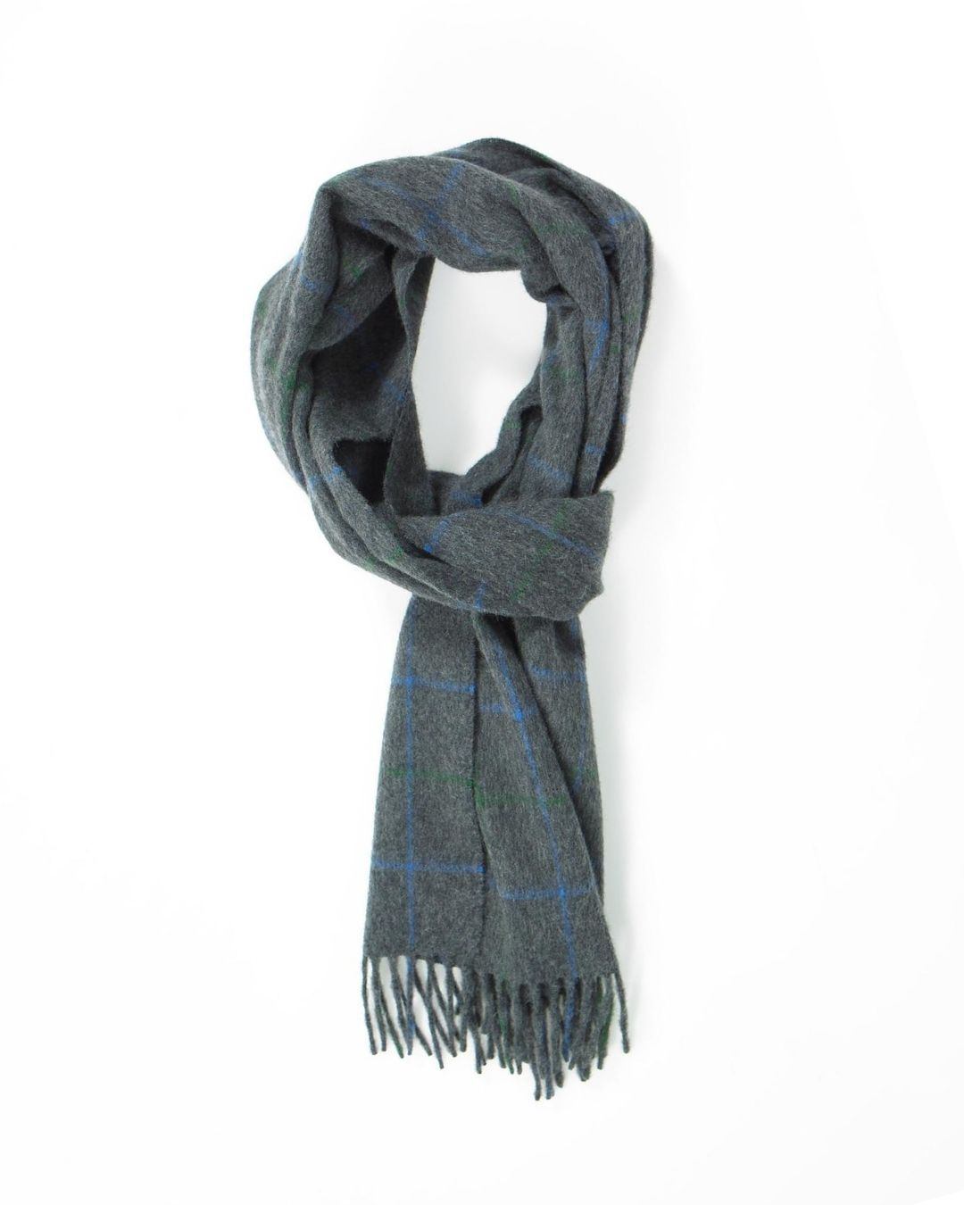 Mid Grey Sapphire Mid Green Tattersall Cashmere Scarf