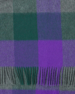 Bright Purple Mid Green Mid Grey Three Color Block Check Cashmere Stole