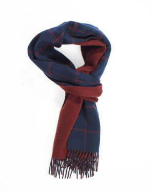 Bright Navy Red Claret Windowpane On Plain Double Faced Cashmere Scarf