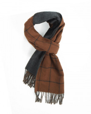 Rust Navy Grey Windowpane On Plain Double Faced Cashmere Scarf