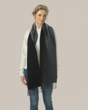 Grey Bright Blue Black Windowpane On Plain Double Faced Cashmere Scarf