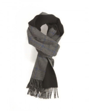 Grey Bright Blue Black Windowpane On Plain Double Faced Cashmere Scarf