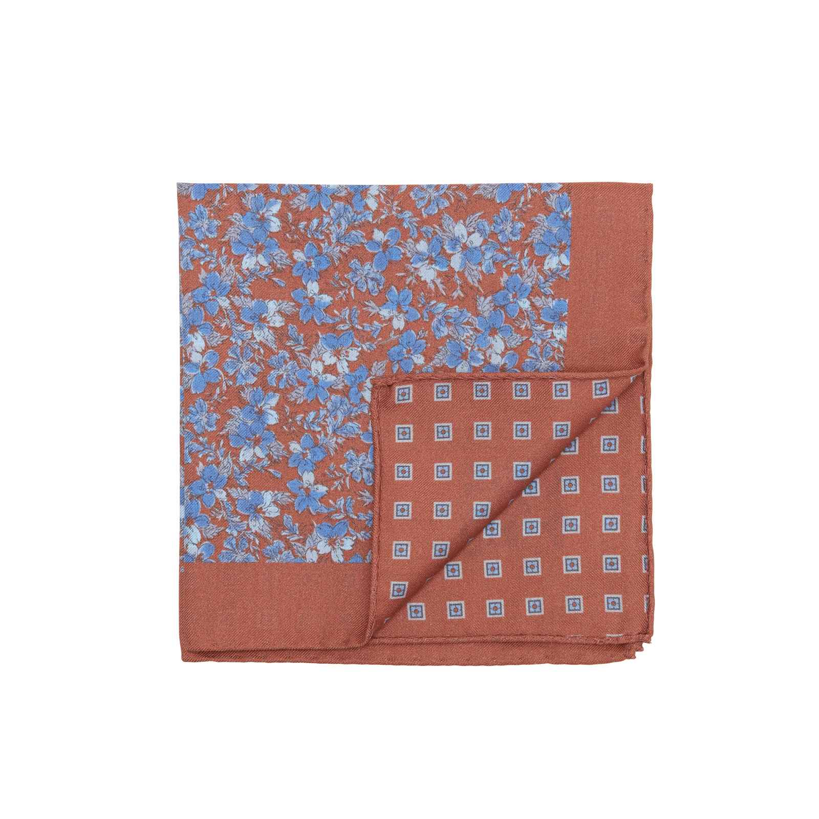 Burnt Orange and Blue Double Sided Flowers and Square Medallions Pocket Square