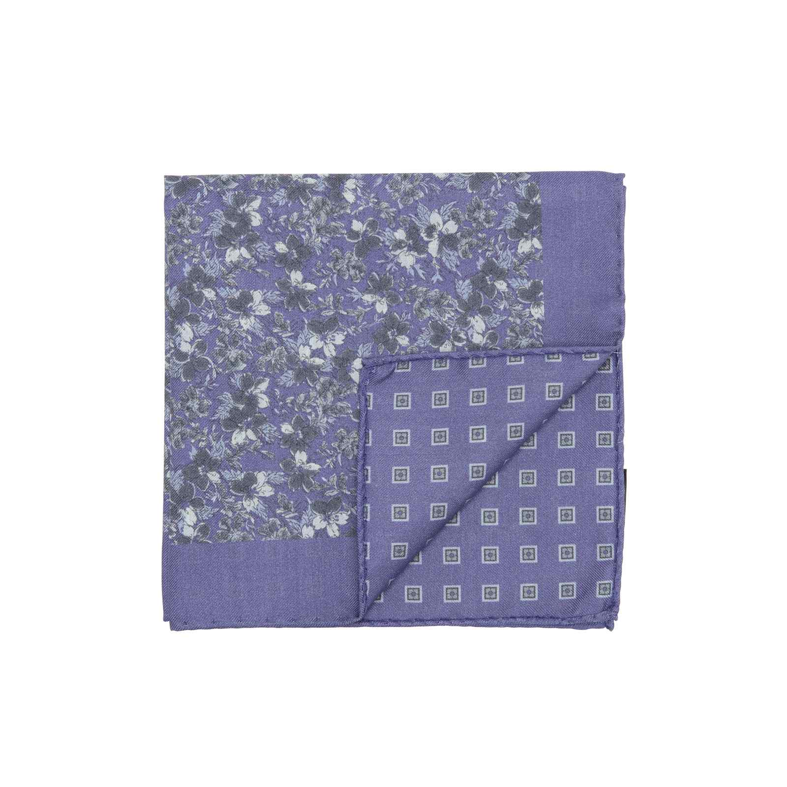 Purple and Blue Double Sided Flowers and Square Medallions Pocket Square