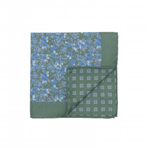Forest Green and Blue Double Sided Flowers and Square Medallions Pocket Square