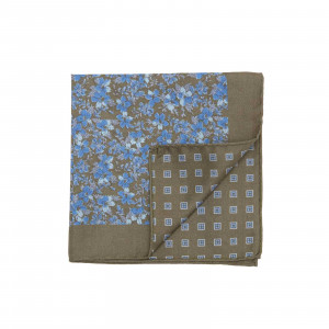 Olive Brown and Blue Double Sided Flowers and Square Medallions Pocket Square