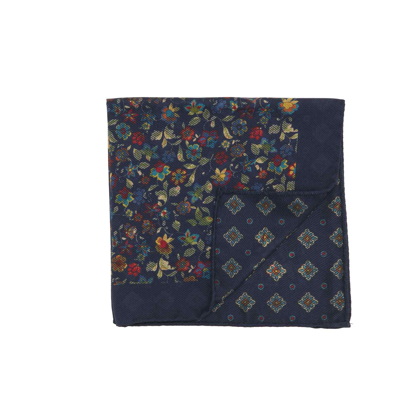 Navy Double Sided Multicolor Floral and Medallions Pocket Square