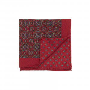 Red Double Sided Pocket Square Multicolor Kaleidoscope Circles and Small Medallions