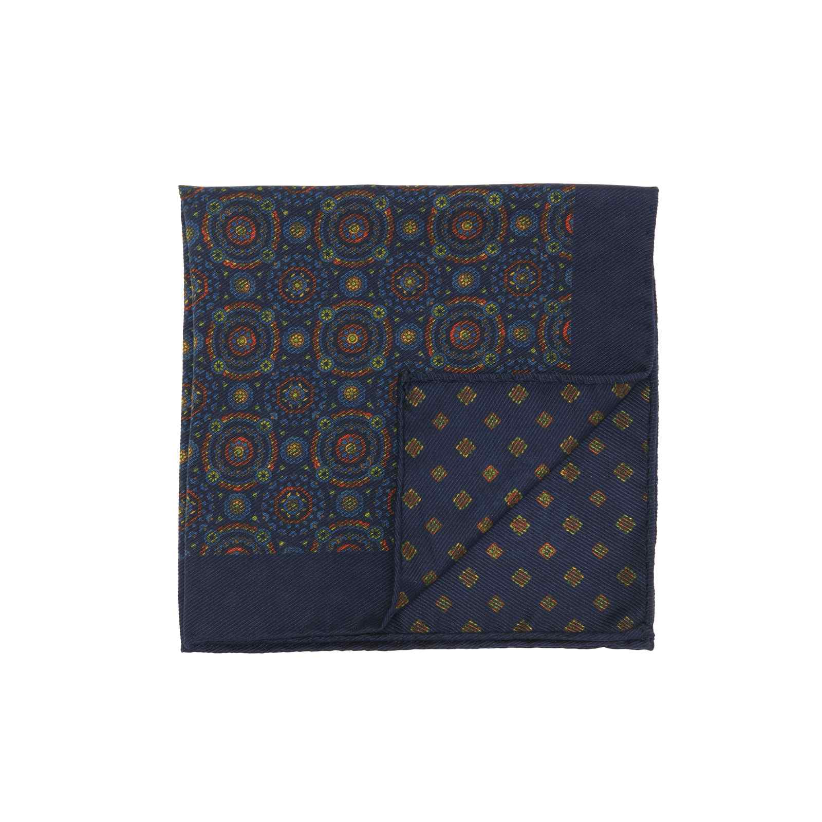 Navy Double Sided Pocket Square Multicolor Kaleidoscope Circles and Small Medallions