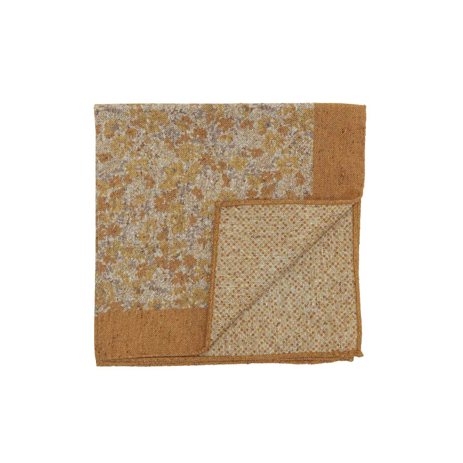 Mustard Double Sided Pocket Square w/ Small Multicolor Flowers and Abstract Dots