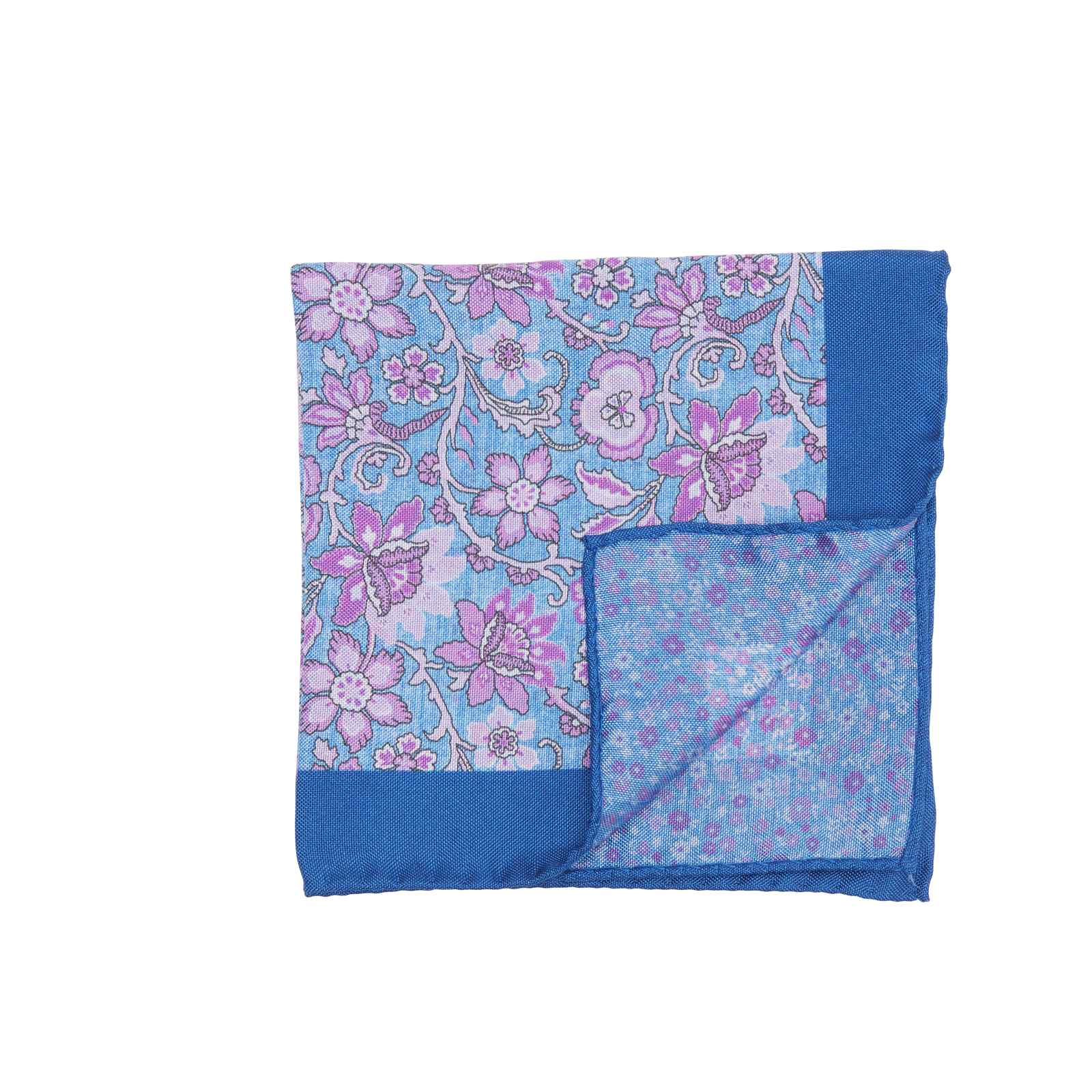 Blue and Pink Double Sided Pocket Square w/ Large and Small Flowers