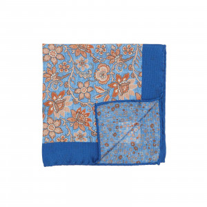 Blue and Orange Double Sided Pocket Square w/ Large and Small Flowers