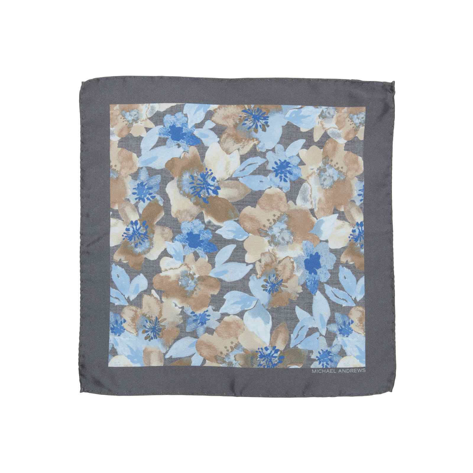 Steel Grey and Light Blue Watercolor Floral Pocket Square