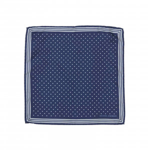 Navy Pocket Square with Classic White Polka Dots and Striped Border