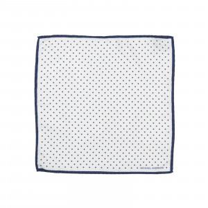 White Pocket Square with Navy Classic Polka Dots and Striped Border