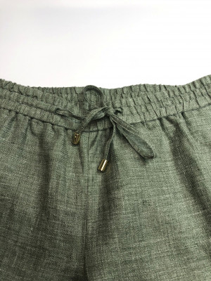 Green Linen Elastic Waist Cargo Pants