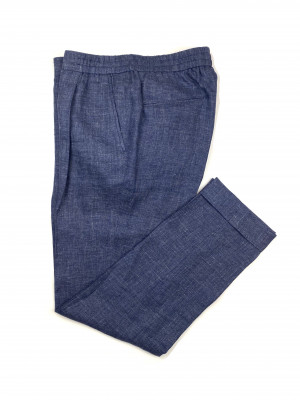 Dark Blue Linen Elastic Waist Pants