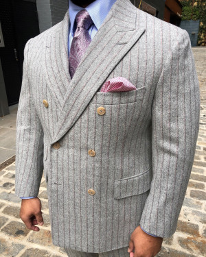 Bespoke Light Grey Double Stripe Double Breasted Suit