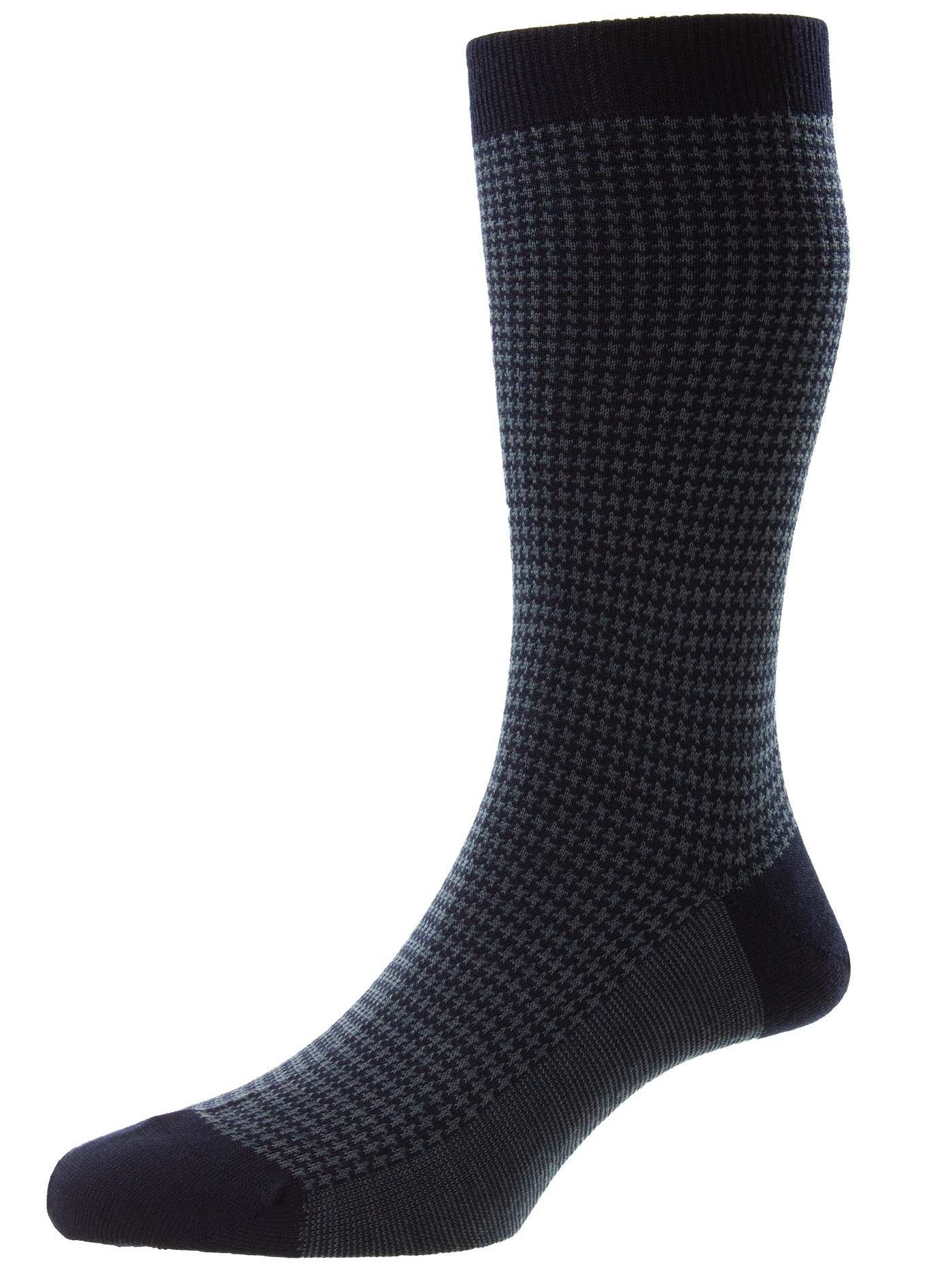 Pantherella Highbury Wool Houndstooth Mid-Calf Socks - Navy