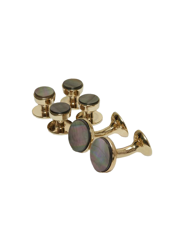 Smokey Mother of Pearl Stud and Cufflink Set (Yellow Gold)