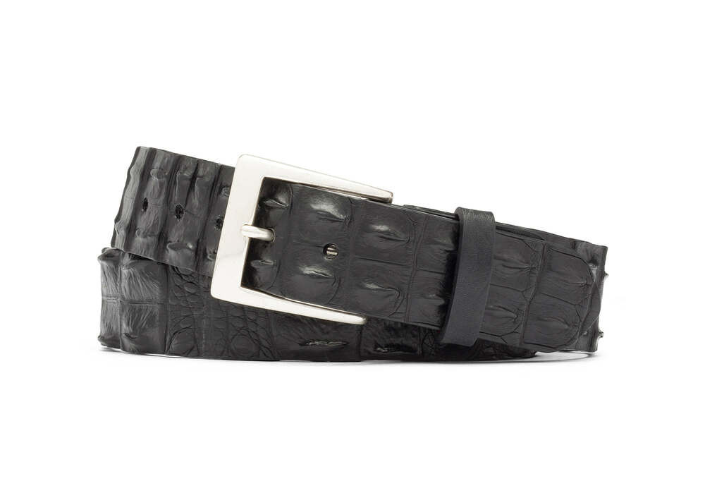 Black Hornback Crocodile Tail Belt with Brushed Nickel Buckle