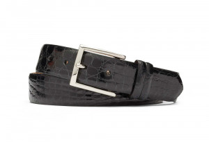 Black Glazed Crocodile Belt with Nickel Buckle