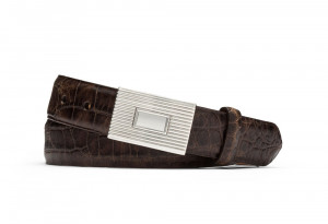 Chocolate Distressed Embossed Crocodile Belt with Plaque Buckle