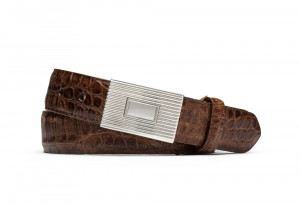 Cognac Distressed Embossed Crocodile Belt with Plaque Buckle