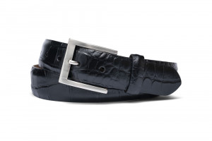 Black Embossed Crocodile Belt with Brushed Nickel Buckle