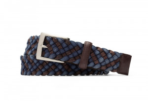 Blue Leather Cloth Braid Belt with Brushed Nickel Buckle