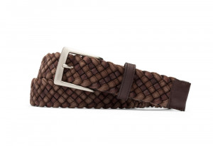 Brown Leather Cloth Braid Belt with Brushed Nickel Buckle