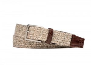 Creme Stretch Belt with Croc Tabs and Brushed Nickel Buckle