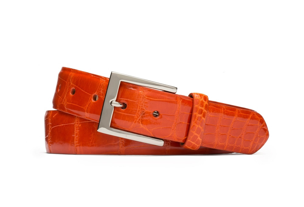 Orange Glazed American Alligator Belt with Nickel Buckle