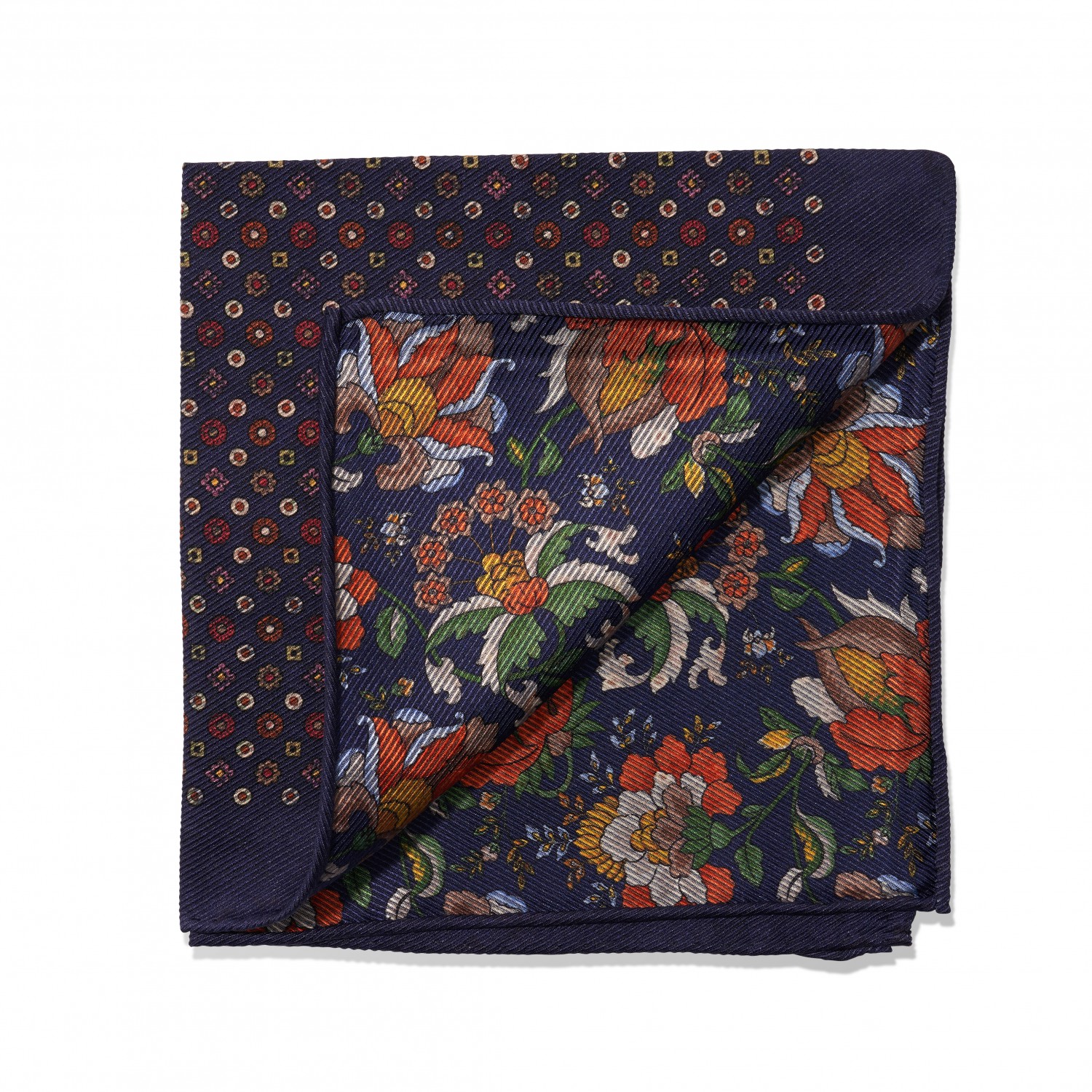 Blue Medallion and Floral Print Double Sided Pocket Square