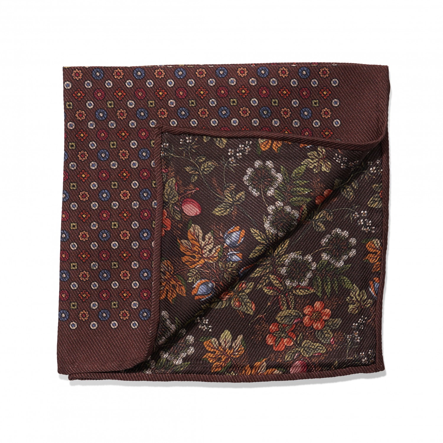 Brown Medallion and Floral Print Double Sided Pocket Square