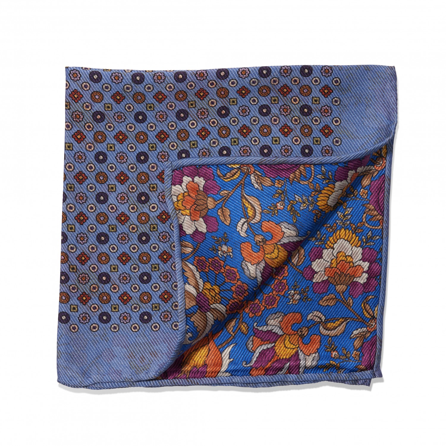 Light Blue Medallion and Floral Print Double Sided Pocket Square