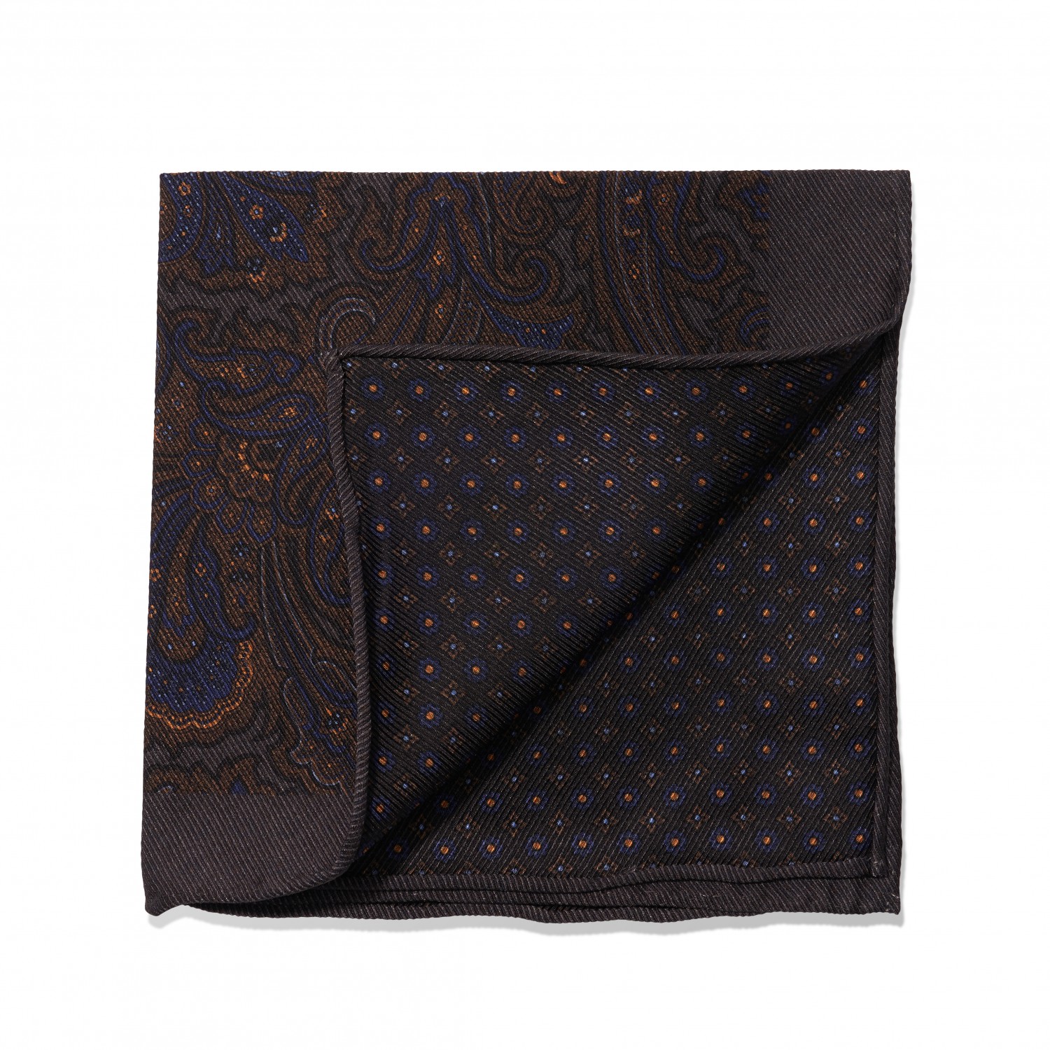 Brown & Blue Large Paisley & Small Medallion Double Sided Pocket Square