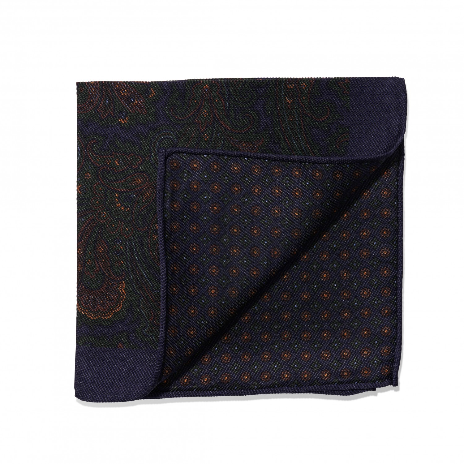 Blue, Green & Gold Large Paisley & Small Medallion Double Sided Pocket Square