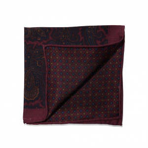 Maroon, Blue & Gold Large Paisley & Small Medallion Double Sided Pocket Square