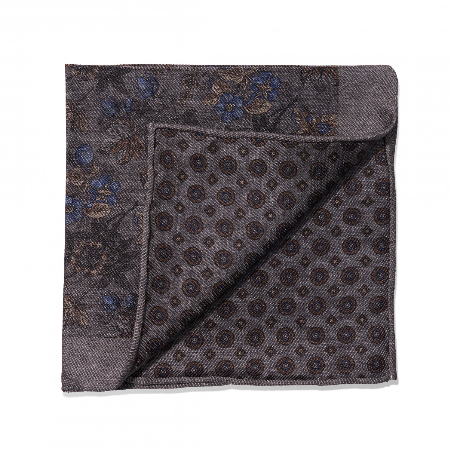 Grey, Blue & Tan Floral & Large Medallion Double Sided Pocket Square
