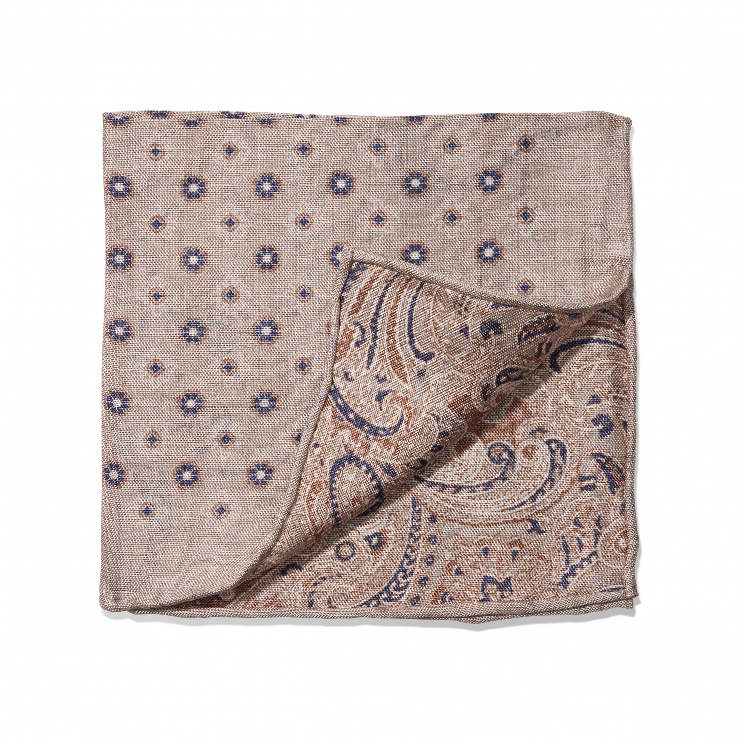 Tan, Blue & Ivory Floral and Paisley Double Sided Pocket Square
