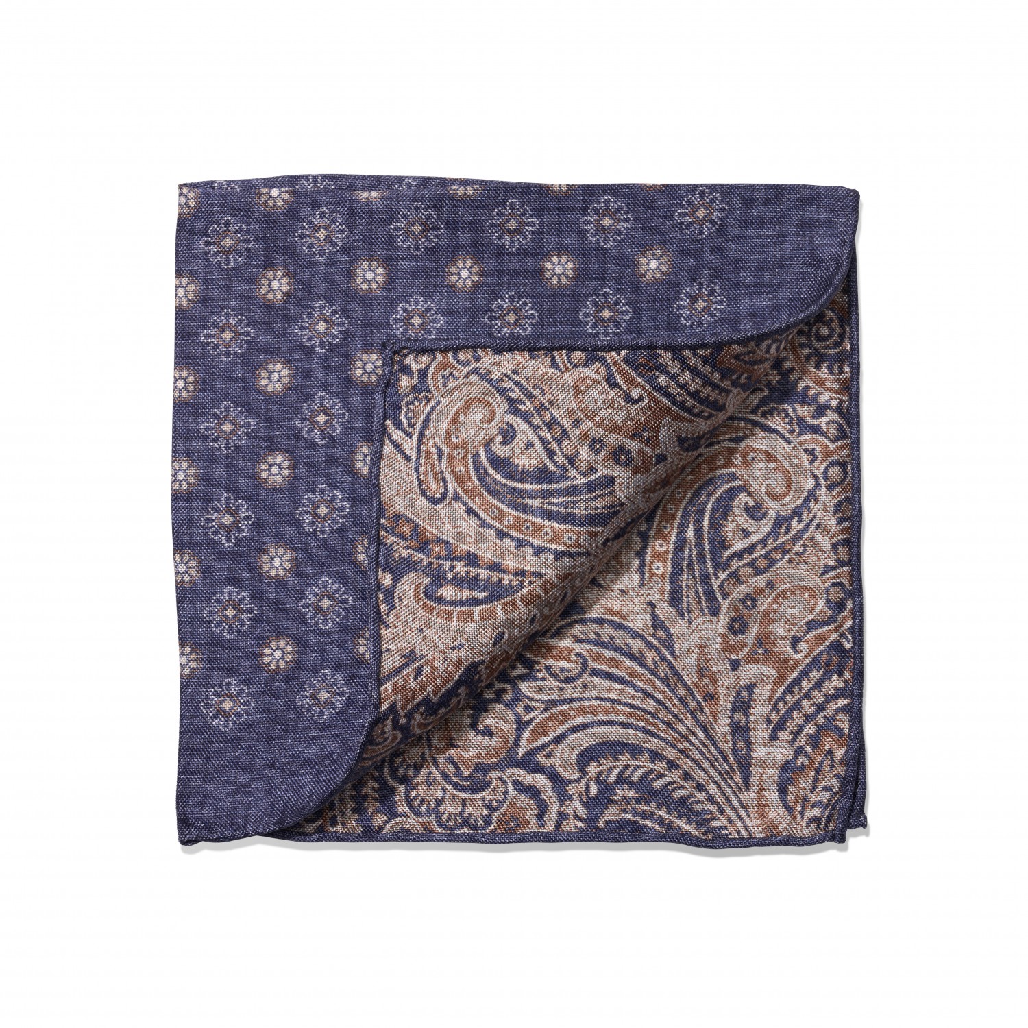 Blue, Tan & Ivory Floral and Paisley Double Sided Pocket Square