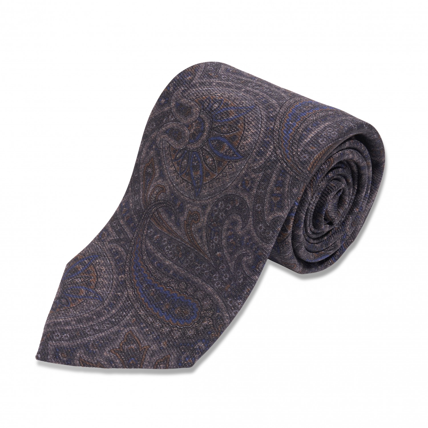 Grey w/ Blue & Brown Paisley Silk Necktie