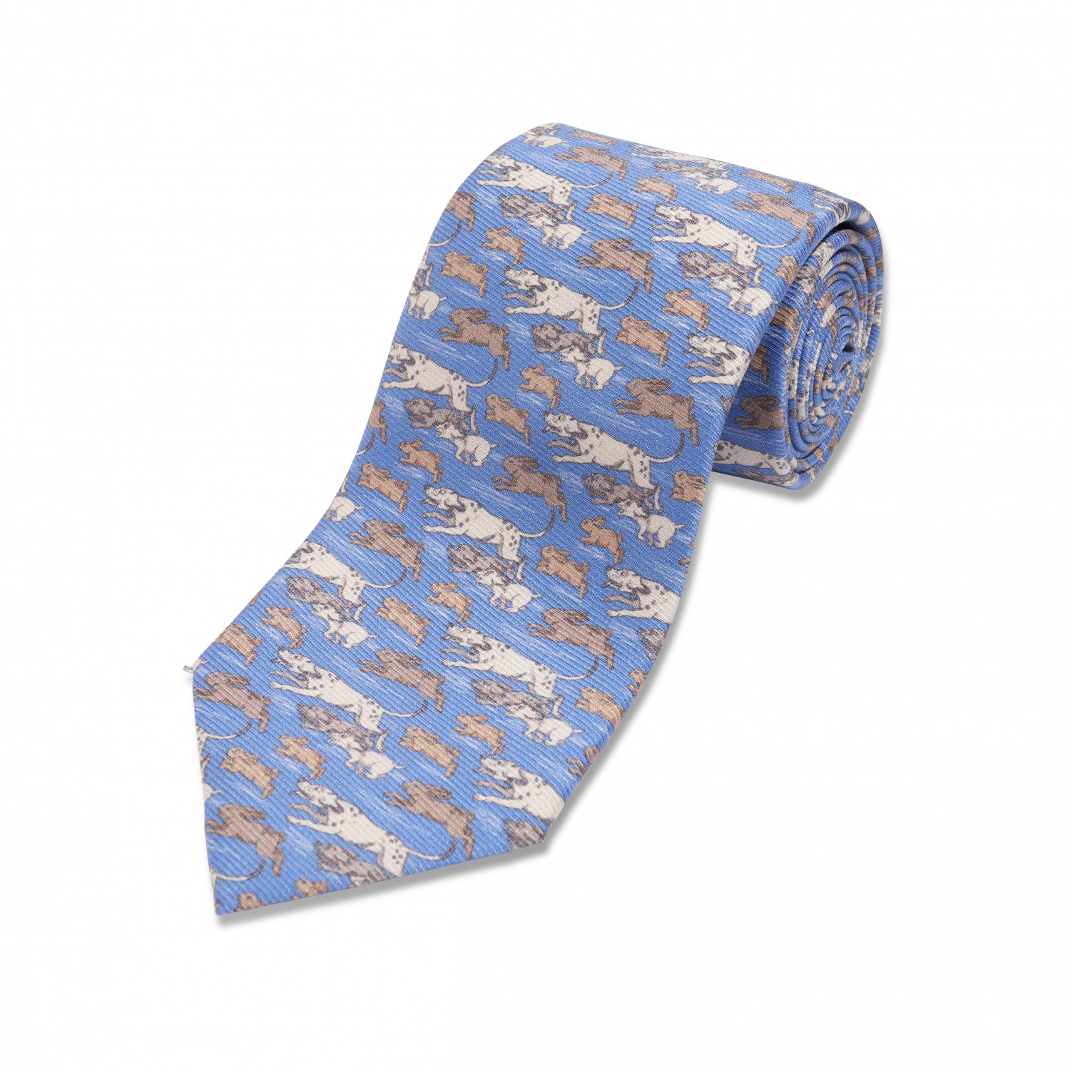 Blue w/ Tan & White Hounds Silk Necktie