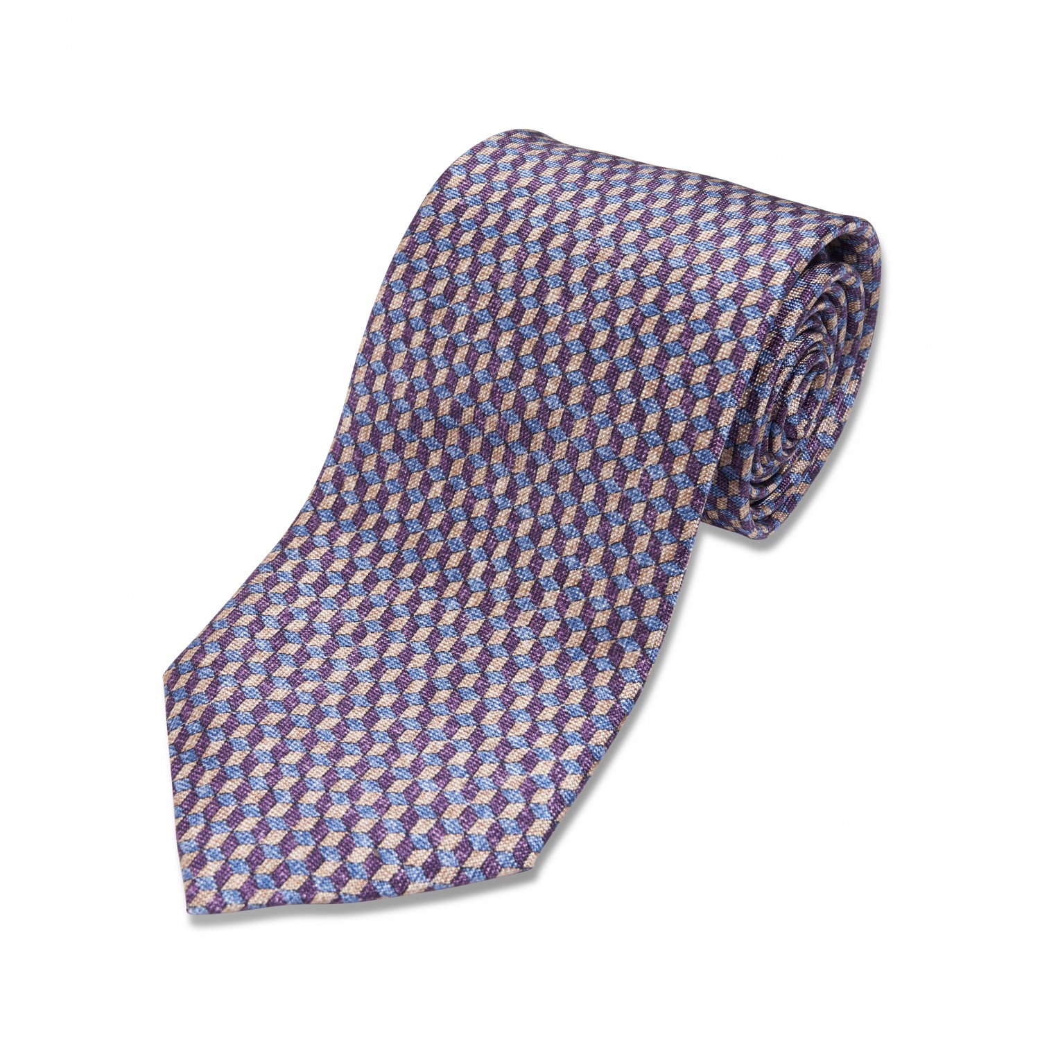 Blue Purple, Ivory Geometric Silk Necktie