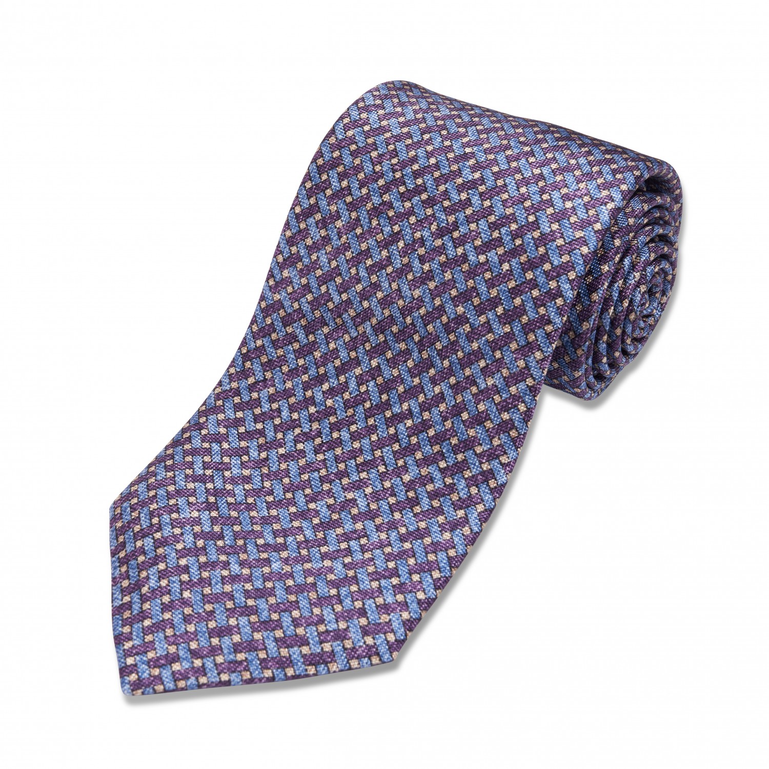 Blue, Purple, Ivory Geometric Silk Necktie